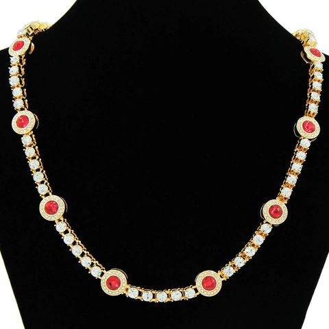 Collana Hip Hop Iced Out in Lega con Strass Maglia Cubana Pietra Rossa Geometrica Gioielli Splendenti per Uomo Donna Unisex