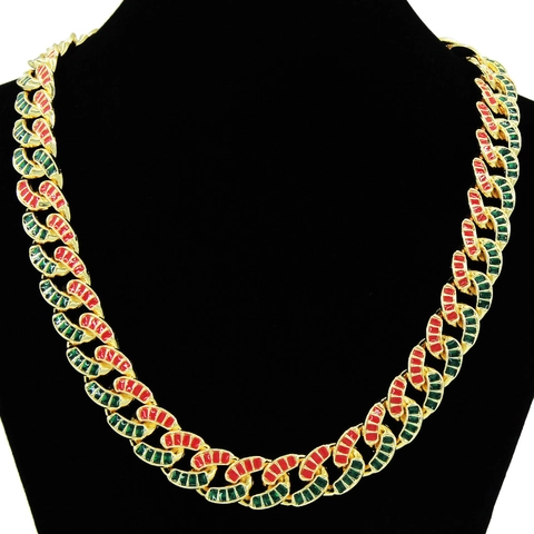 Collana a Catena Cuban Link Hip Hop per Uomo Smalto Rosso Verde a Goccia d'Olio Strass Gioielli Streetwear Accessorio