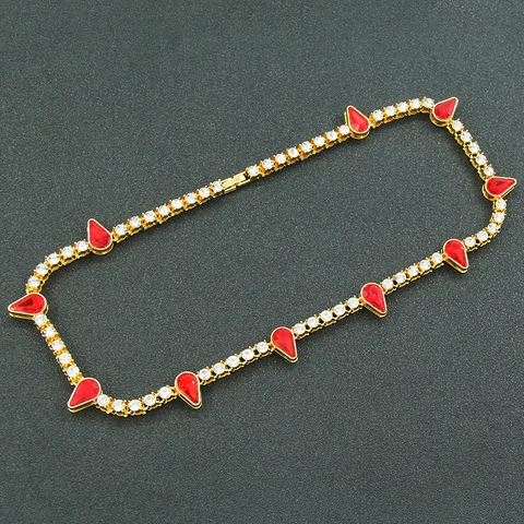 Collier Bracelet Hip Hop Alliage Goutte Deau Rouge Strass Blanc Bijoux De Luxe Rétro Accessoire Pour Unisexe