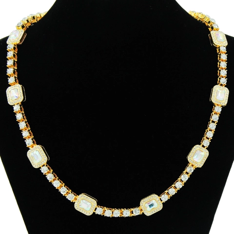 Hip Hop Alloy Cuban Link Necklace Bracelet Set For Men Women Rainbow Rhinestone Pave Geometric Square Crystal Fashion Jewelry Accessory