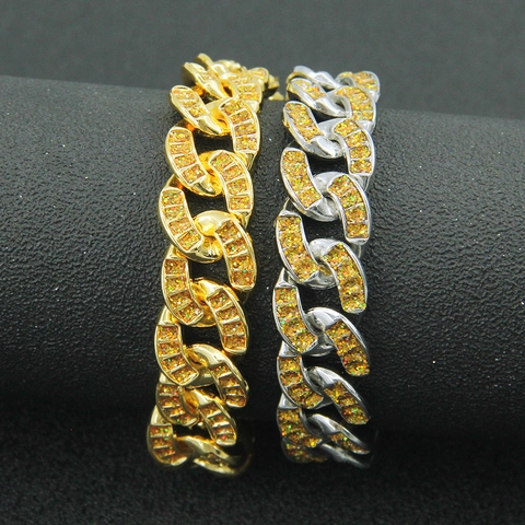 Hip Hop Men's Alloy Cuban Link Bracelet With Glitter Rhinestones Streetwear Cool Wide Chain Jewelry Gold Silver Color