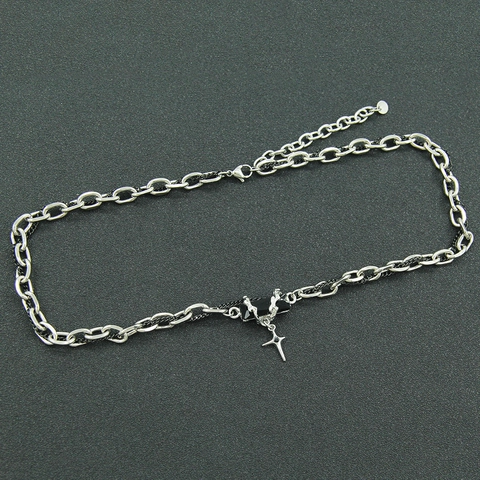 Collana e Braccialetto Unisex Punk Gotico in Acciaio Inossidabile a Strati Con Ciondolo a Croce Stella e Gemma Nera Gioielli Stile Industriale