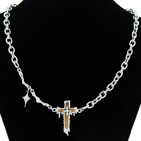 Gothic Molten Cross Pendant Necklace For Men Women Stainless Steel Industrial Drip Punk Star Charm Cuban Chain Jewelry