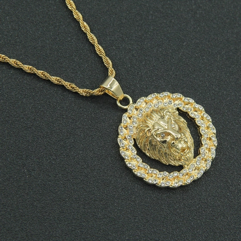 Collana con Ciondolo a Testa di Leone Hip Hop Con Catena a Corda in Acciaio Inossidabile per Uomo Donna Gioielli Iced Out Strass