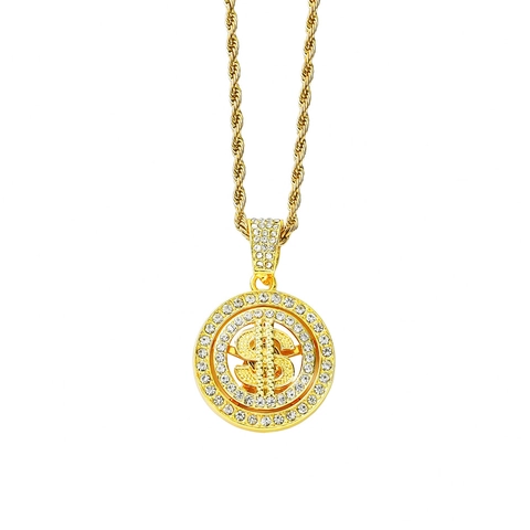 Hip Hop Spinning Dollar Sign Pendant Necklace Stainless Steel Rope Chain Zinc Alloy Rhinestone Pave Money Jewelry For Men Women