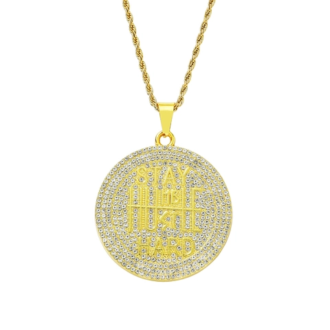 Collar Hip Hop con Colgante Redondo de Aleación y Brillantes Stay Humble Hustle Hard Letra para Hombre Mujer Joyería Streetwear
