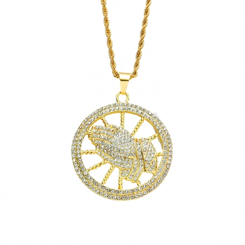Hip Hop Iced Out Praying Hands Pendant Necklace Stainless Steel Rope Chain Zinc Alloy Pave Rhinestone Religious Jewelry