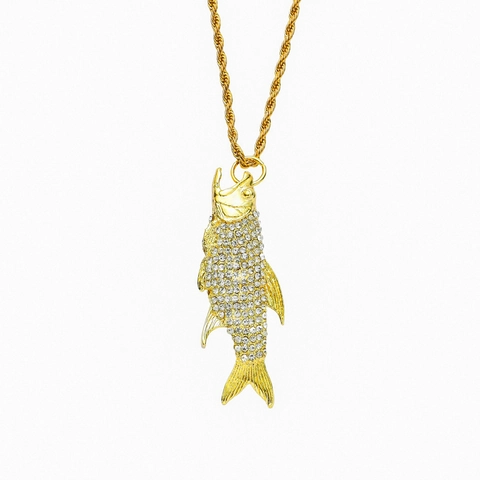 Collana con Ciondolo a Forma di Pesce con Strass 3D Hip Hop per Uomo Donna Catena a Corda in Acciaio Inossidabile Gioielli