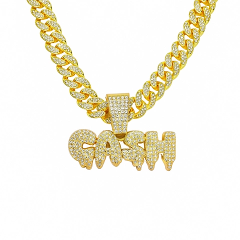 Collana con Ciondolo Lettera Cash Hip Hop Uomo Lega di Zinco Strass Catena a Maglia Cubana Punk Streetwear Gioielli Oro Argento