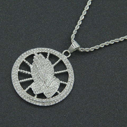 Hip Hop Iced Out Praying Hands Pendant Necklace Stainless Steel Rope Chain Zinc Alloy Pave Rhinestone Religious Jewelry