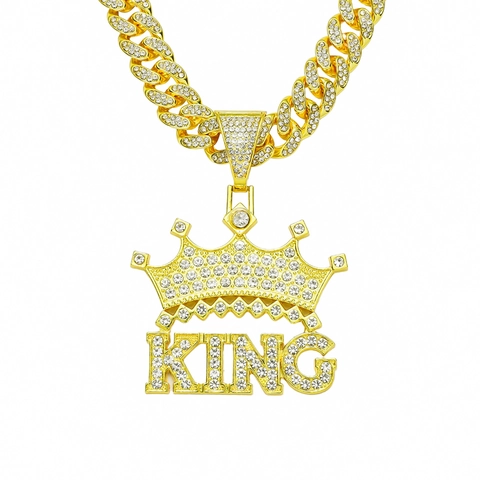 Hip Hop KING Buchstabe Krone Anhänger Halskette Herren Iced Out Strass Legierung Panzerkette Gold Silber Streetwear Schmuck