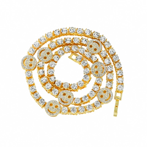 Hip Hop Iced Out Smiley Face Cuban Link Alloy Rhinestone Necklace Bracelet For Men Women Cool Jewelry Gift