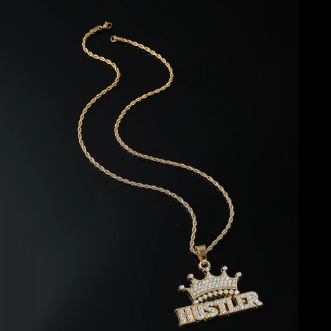 Hip Hop Iced Out Krone HUSTLER Buchstaben Anhänger Halskette Gold Silber Galvanisiert Edelstahl Kordelkette Schmuck