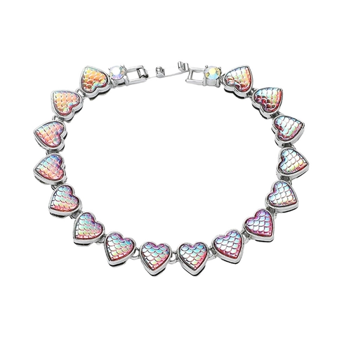 Hip Hop Iridescent Heart Link Bracelet With Rhinestone Alloy Mermaid Scale Pattern Gold Silver Color Jewelry For Men Women