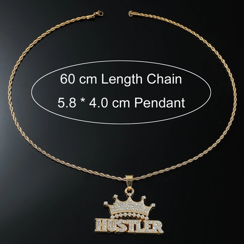 Hip Hop Iced Out Krone HUSTLER Buchstaben Anhänger Halskette Gold Silber Galvanisiert Edelstahl Kordelkette Schmuck