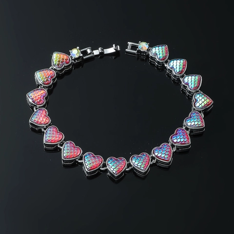 Hip Hop Iridescent Heart Link Bracelet With Rhinestone Alloy Mermaid Scale Pattern Gold Silver Color Jewelry For Men Women