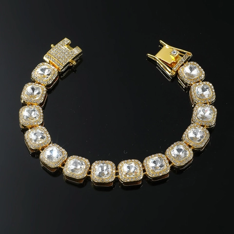 Hip Hop Personalized Square Rhinestone Cuban Chain Bracelet Iced Out Zinc Alloy Geometric Jewelry For Men Women Gold Silver