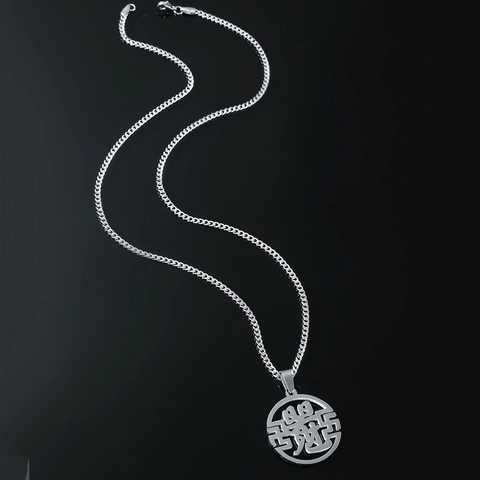 Hip Hop Heren Titanium Staal Halsketting Met Chinees Karakter Fortuin Hanger Zilver Cubaanse Ketting Retro Mode Sieraden Cadeau