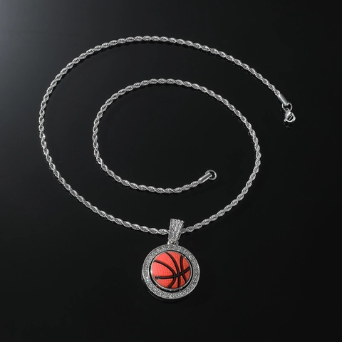 Collana con Pendente a Forma di Pallacanestro Hip Hop per Uomo Colore Argento Lega di Zinco Strass Catena a Corda Gioielli Moda Sport