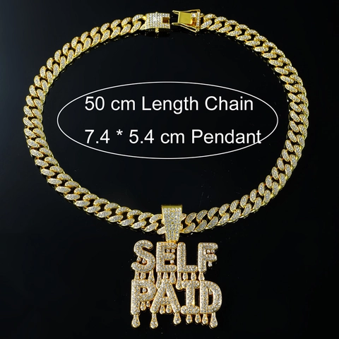 Collana Hip Hop Iced Out Con Ciondolo Lettera SELF PAID Maglia Cubana Uomo Lega Di Zinco Strass Oro Argento