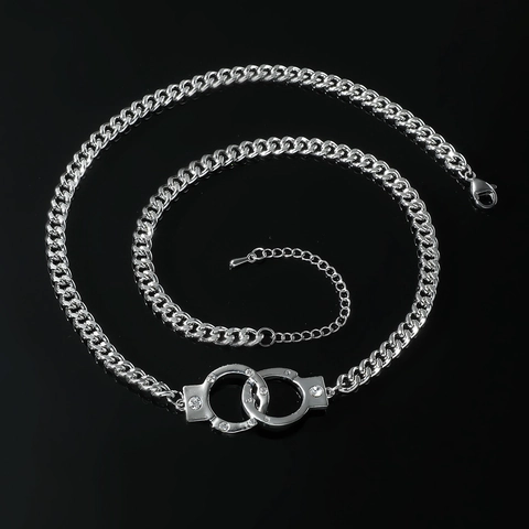 Hip Hop Handcuff Pendant Necklace Alloy Rhinestone Curb Chain Personalized Street Fashion Jewelry For Men Silver Color