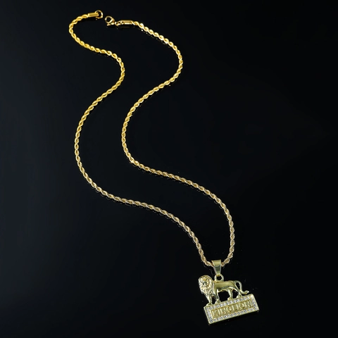 Men's Hip Hop Punk Lion Pendant Necklace Stainless Steel Rope Chain Inlaid Rhinestone King Lion Streetwear Jewelry