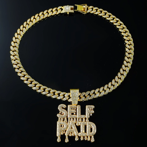 Hip Hop Iced Out Self Paid Dripping Letter Pendant Necklace Alloy Rhinestone Bling Cuban Link Chain For Men Party Jewelry