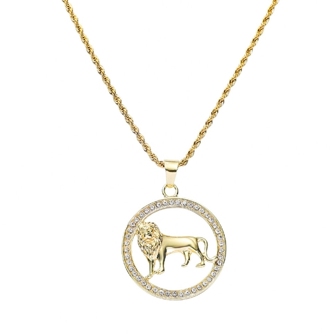 Hip Hop Trendy Lion Pendant Necklace For Men Women Zinc Alloy Rhinestone Circle Medallion Stainless Steel Rope Chain Jewelry