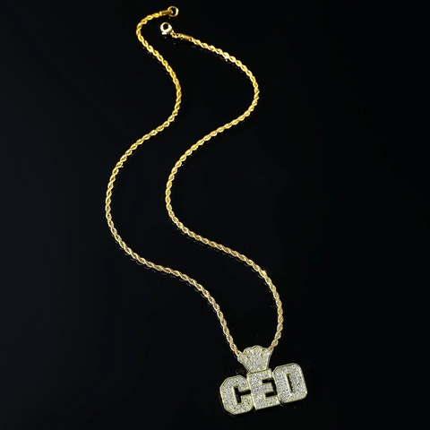 Collana Pendente Lettera CEO Hip Hop Iced Out Lega Zinco Strass Catena Corda Acciaio Inossidabile Gioielli