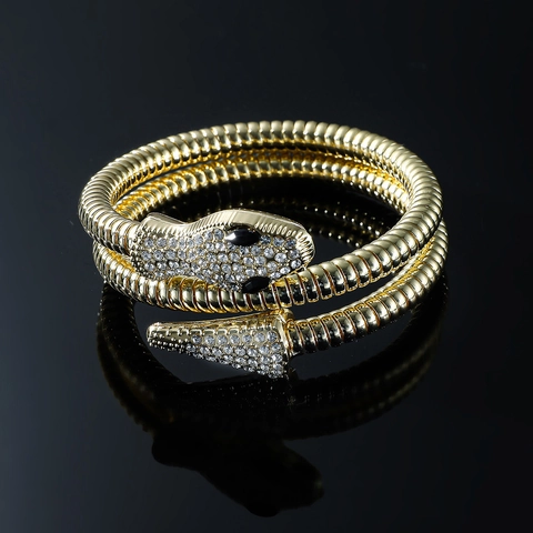 Overdreven Punk Slangvormige Wikkelarmband Voor Dames Goud Zilver Legering Strass Ingelegd Meerlaagse Spiraalslang Armring Mode Sieraden