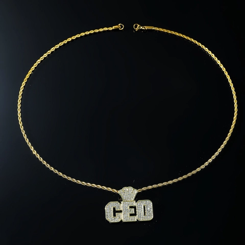 Collana Pendente Lettera CEO Hip Hop Iced Out Lega Zinco Strass Catena Corda Acciaio Inossidabile Gioielli