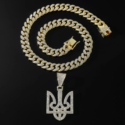 Collana Con Ciondolo Tridente Stemma Ucraina Hip Hop Per Uomo Lega Strass Catena Cubana Oro Argento Gioielli