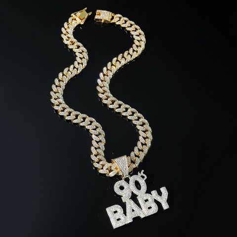 Collana con Pendente 90S BABY Hip Hop Iced Out in Lega con Strass Catena a Maglia Cubana per Uomo Gioielli da Club