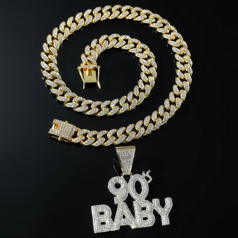 Collana con Pendente 90S BABY Hip Hop Iced Out in Lega con Strass Catena a Maglia Cubana per Uomo Gioielli da Club