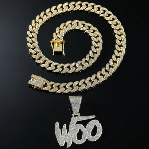 Hip Hop Iced Out WOO Buchstaben Anhänger Halskette Zinklegierung Strass Panzerkette Schmuck Für Damen Herren