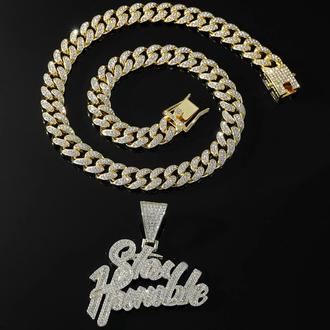 Collar con Colgante de Letra Stay Humble para Hombre Strass Aleación Eslabón Cubano Hip Hop Punk Street Joyería