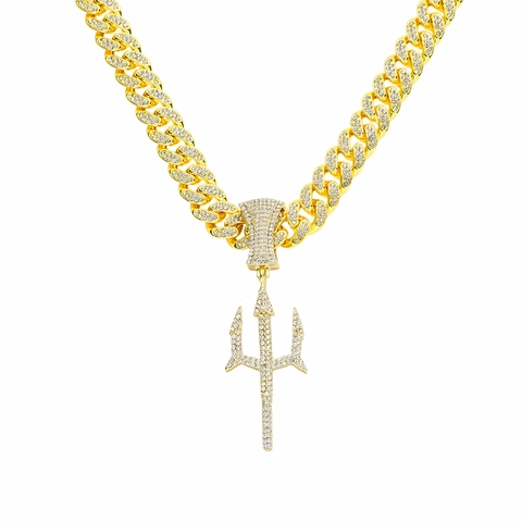 Collana con Pendente a Tridente Hip Hop Con Catena Cubana in Lega di Zinco Intarsiata di Strass Gioielli Moda Uomo