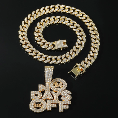 Collier Hip Hop Homme Iced Out En Alliage Et Strass Avec Pendentif Lettre No Days Off Et Chaîne Cubaine Bijoux