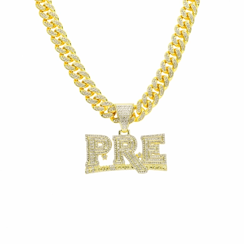 Collana con Ciondolo Lettera PRE Hip Hop da Uomo in Lega con Strass Iced Out con Catena a Maglia Cubana Gioielli Punk Personalizzati