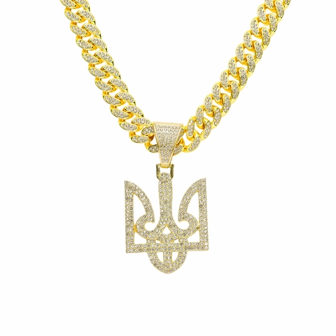 Collana Con Ciondolo Tridente Stemma Ucraina Hip Hop Per Uomo Lega Strass Catena Cubana Oro Argento Gioielli