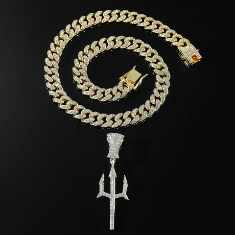Hip Hop Herren Legierung Strass Dreizack Kreuz Anhänger Halskette Mit 50cm Panzerkette Gold Silber Vergoldet Schmuck