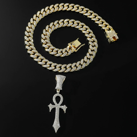 Hip Hop Iced Out Ankh Kruis Hanger Halsketting Legering Strass Cubaanse Schakelketting Goud Zilver Punk Rock Sieraden Mannen Vrouwen
