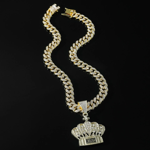 Men Hip Hop Crown King Pendant Necklace Alloy Rhinestone Cuban Link Chain Gold Silver Color Jewelry Accessories For Party