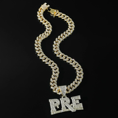 Heren Hip Hop Iced Out Legering Strass PRE Letter Hanger Halsketting Cubaanse Schakelketting Paper Route Empire Stijl Sieraden