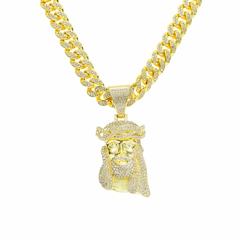 Hip Hop Alloy Rhinestone Jesus Piece Pendant Necklace For Men Vintage Gold Silver Plated Iced Out Cuban Link Chain Jewelry