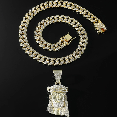 Hip Hop Jezus Hanger Ketting Voor Heren Goud Zilver Verguld Cubaanse Schakelketting Strass Religieuze Sieraden