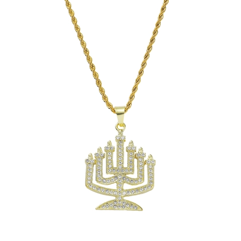 Collana con Pendente Menorah in Strass Hip Hop Catena a Corda in Acciaio Inossidabile Oro Argento Gioielli Religiosi Uomo
