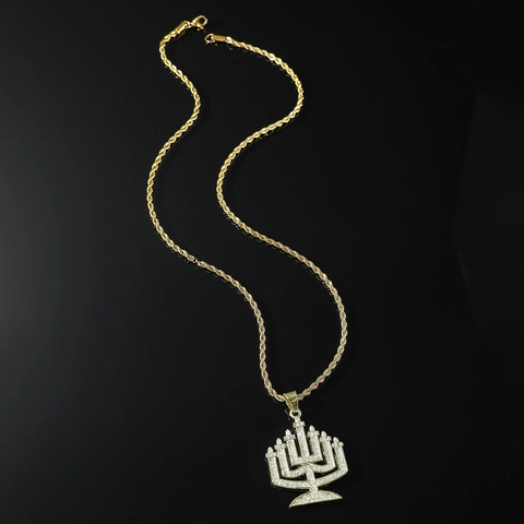 Collana con Pendente Menorah in Strass Hip Hop Catena a Corda in Acciaio Inossidabile Oro Argento Gioielli Religiosi Uomo