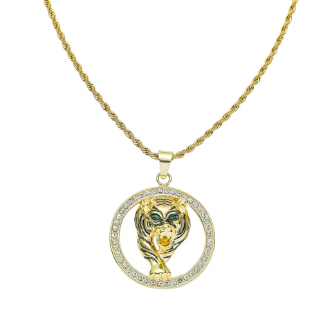 Collana con Ciondolo Testa di Tigre Hip Hop Uomo Cool Lega di Zinco Acciaio Inossidabile Catena a Corda Occhi Verdi Strass Gioielli