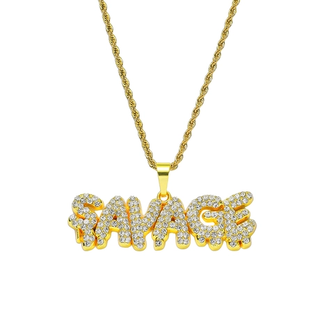 Collana con Pendente a Lettera Savage Hip Hop Pendente in Lega con Strass Iced Out con Catena a Corda in Acciaio Inossidabile